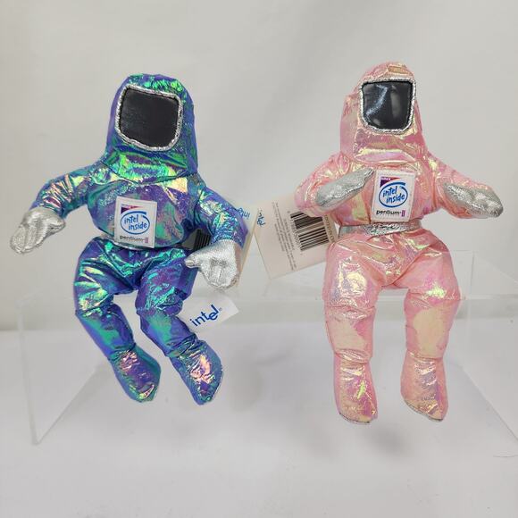 2 Intel Bunny People MMX Pentium II Iridescent Pink & Blue Bean 8" Plush 1997 - Picture 1 of 8